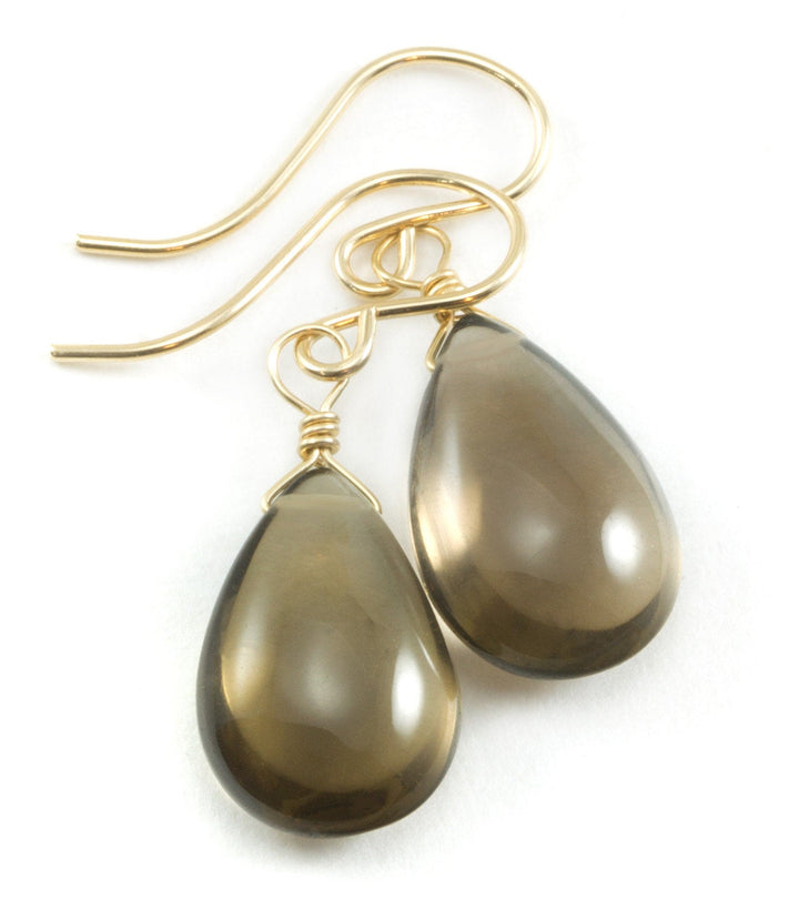 Smoky Quartz Earrings Sterling Silver or 14k Solid Gold or Filled Smooth Pear Briolette Smokey Teardrops Classic Simple Neutral Natural Drop