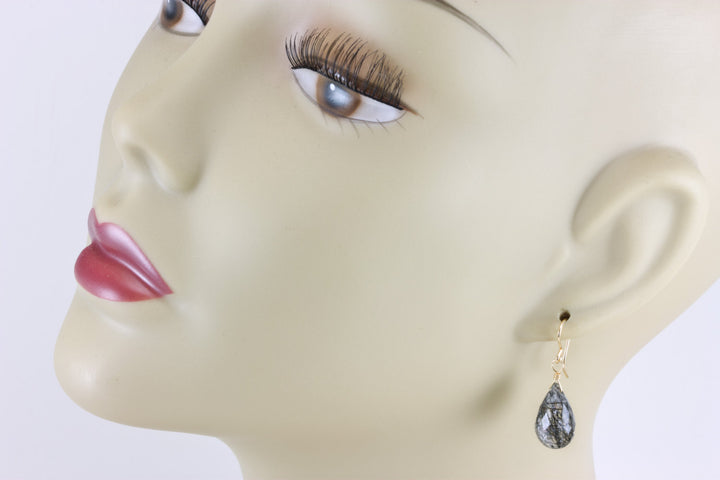 Black Tourmalated Rutile Quartz Earrings 14k Solid Yellow Gold or Filled or Sterling Silver Faceted Dangle Rutilated Fat Briolette Teardrops