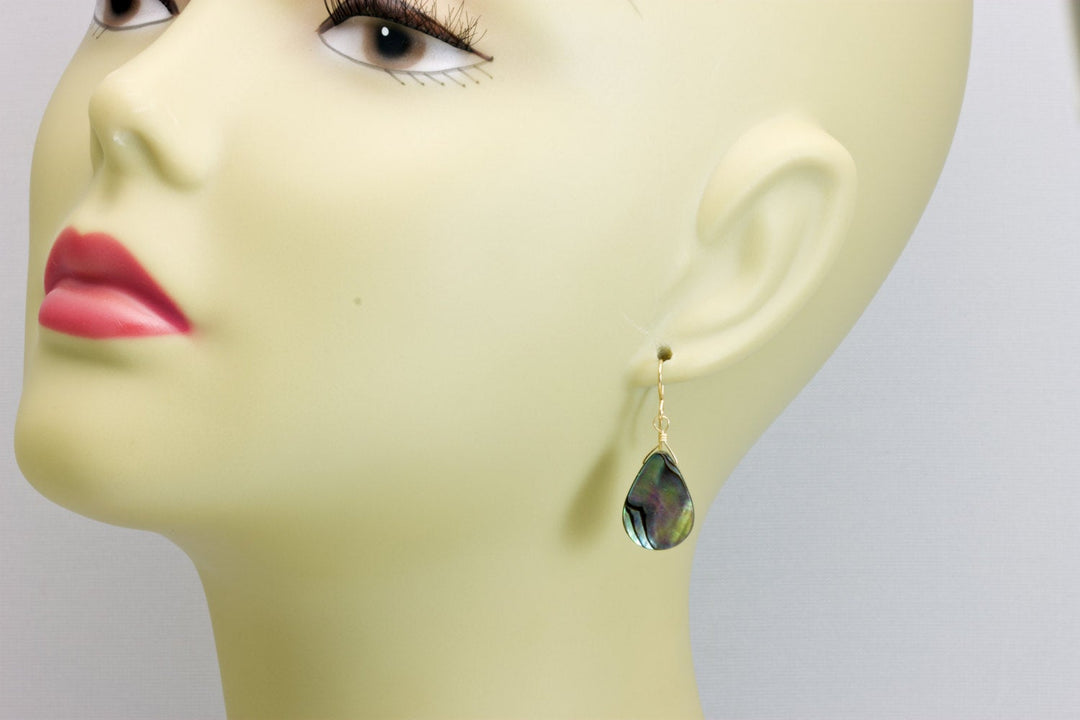 Abalone Paua Shell Teardrop Earrings Natural Peacock Colors 14k Solid Gold or Filled or Sterling Silver Iridescent Colors MOP Drops