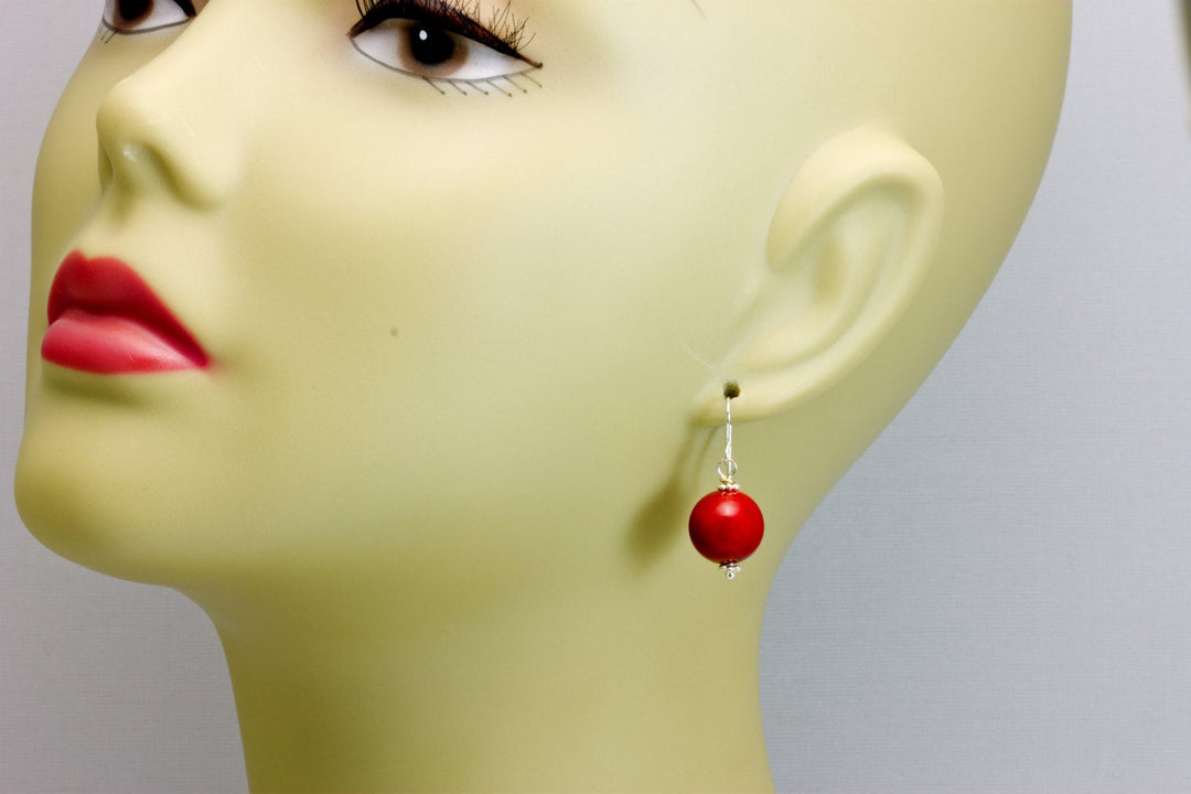 Red Coral Earrings Round Smooth Drops 14k Gold Filled or Sterling Silver Basic round drop beaded accents simple dainty daily wear design