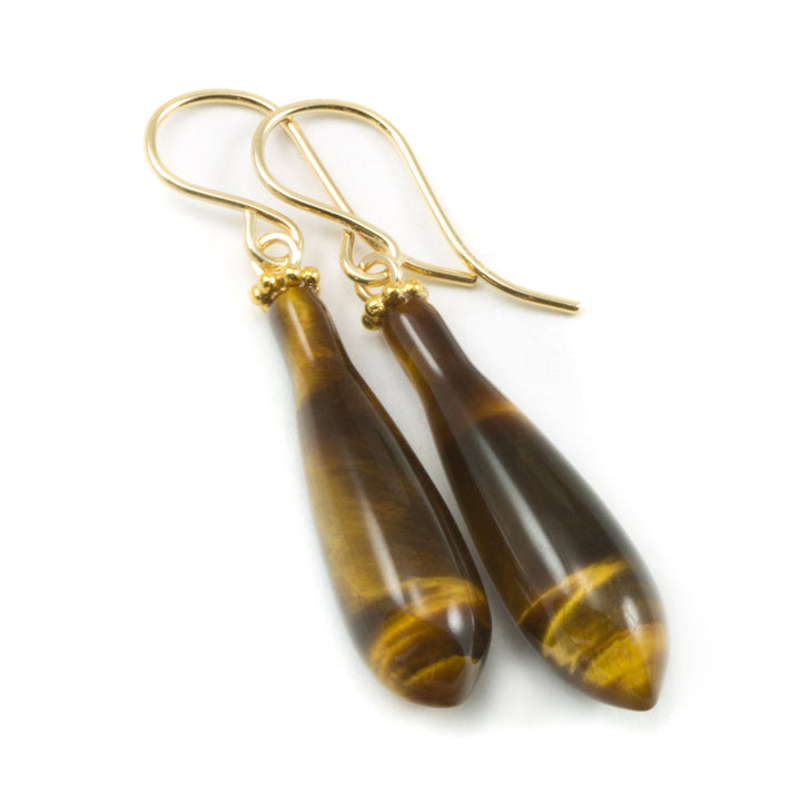 Tiger's Eye Earrings Smooth Long Teardrop dangle drops Sterling Silver or 14k Solid Gold or Filled Natural Tiger eye Round Beaded Accents