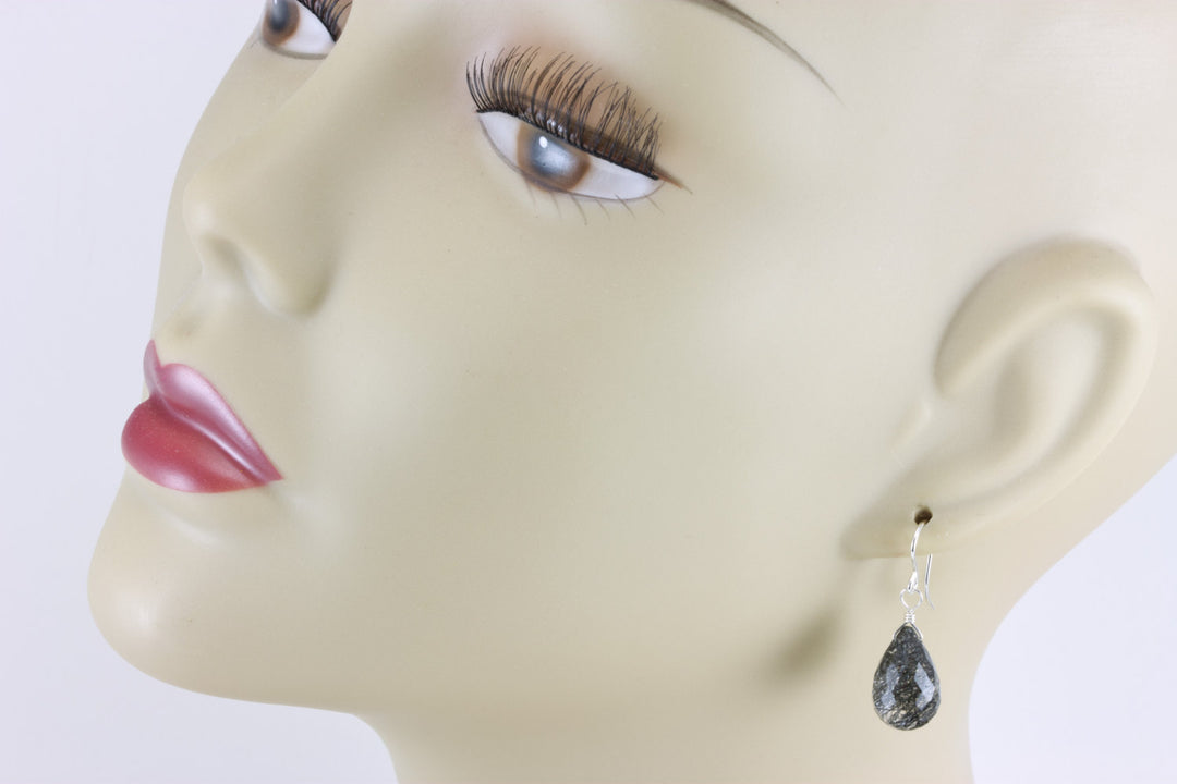 Black Tourmalated Rutile Quartz Earrings 14k Solid Yellow Gold or Filled or Sterling Silver Faceted Dangle Rutilated Fat Briolette Teardrops