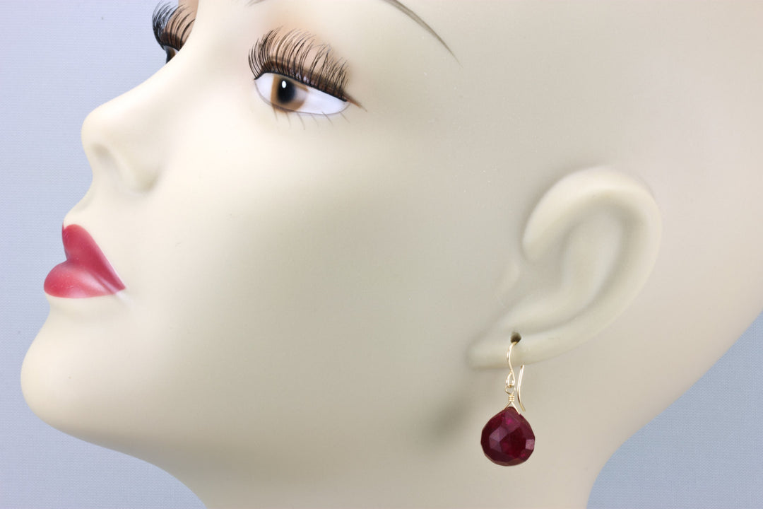 Red Ruby Earrings Heart Shaped Simulated Teardrop Dangle faceted Sterling Silver or 14k Gold Filled Red Quartzite Puffed Shape Simple