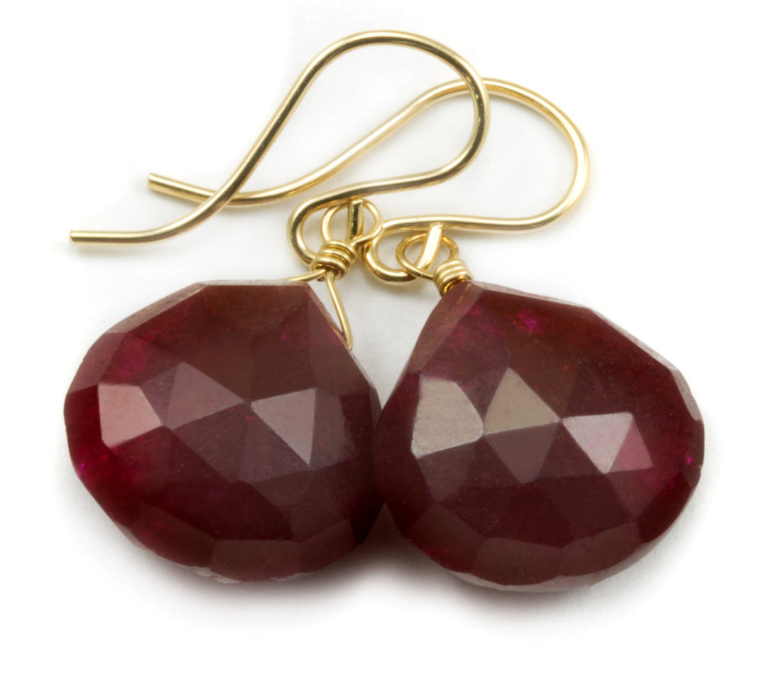 Red Ruby Earrings Heart Shaped Simulated Teardrop Dangle faceted Sterling Silver or 14k Gold Filled Red Quartzite Puffed Shape Simple