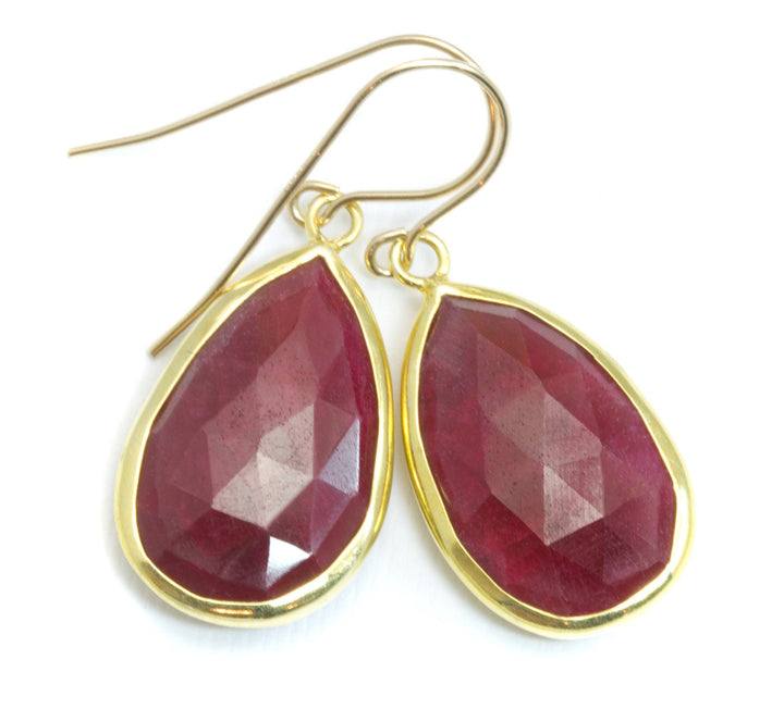 Red Ruby Earrings Teardrop Vermeil Bezel Faceted Setting Dangle 14k Solid Gold or Filled French Earwires Simple Pear Shaped Basic Drops AAA