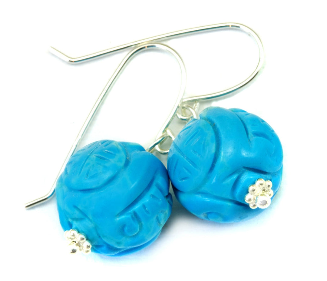 Turquoise Earrings Blue Round Simple Dangle Drops Sterling Silver or 14k Gold Filled Unique carved oriental design Rich Simple