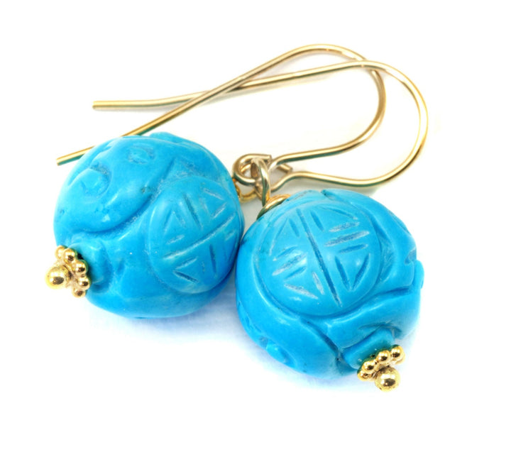 Turquoise Earrings Blue Round Simple Dangle Drops Sterling Silver or 14k Gold Filled Unique carved oriental design Rich Simple