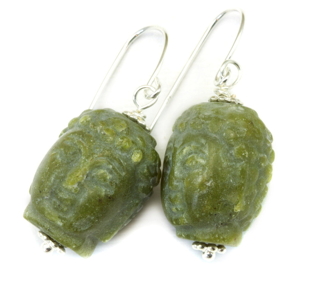 Green Serpentine Buddha Head Earrings Carved Teardrop Dangle Drops Sterling Silver or 14k Solid Gold or Filled Earthy Unique Drops Spyglass