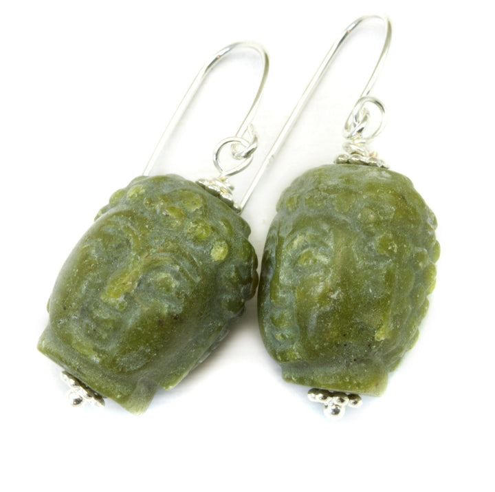 Green Serpentine Buddha Head Earrings Carved Teardrop Dangle Drops Sterling Silver or 14k Solid Gold or Filled Earthy Unique Drops Spyglass