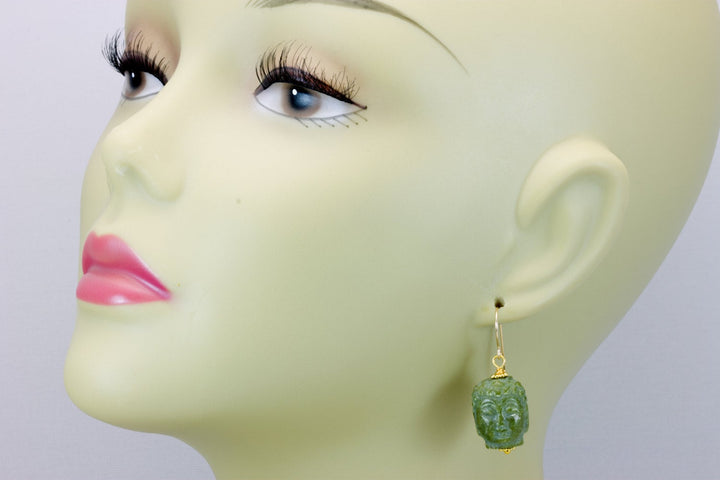 Green Serpentine Buddha Head Earrings Carved Teardrop Dangle Drops Sterling Silver or 14k Solid Gold or Filled Earthy Unique Drops Spyglass