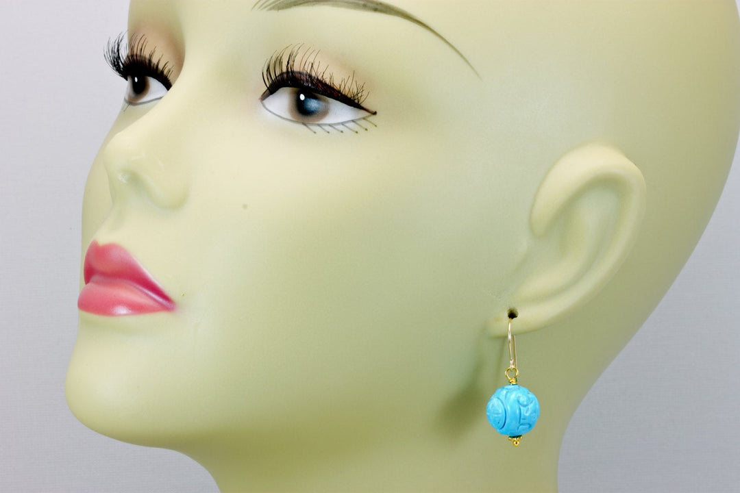 Turquoise Earrings Blue Round Simple Dangle Drops Sterling Silver or 14k Gold Filled Unique carved oriental design Rich Simple