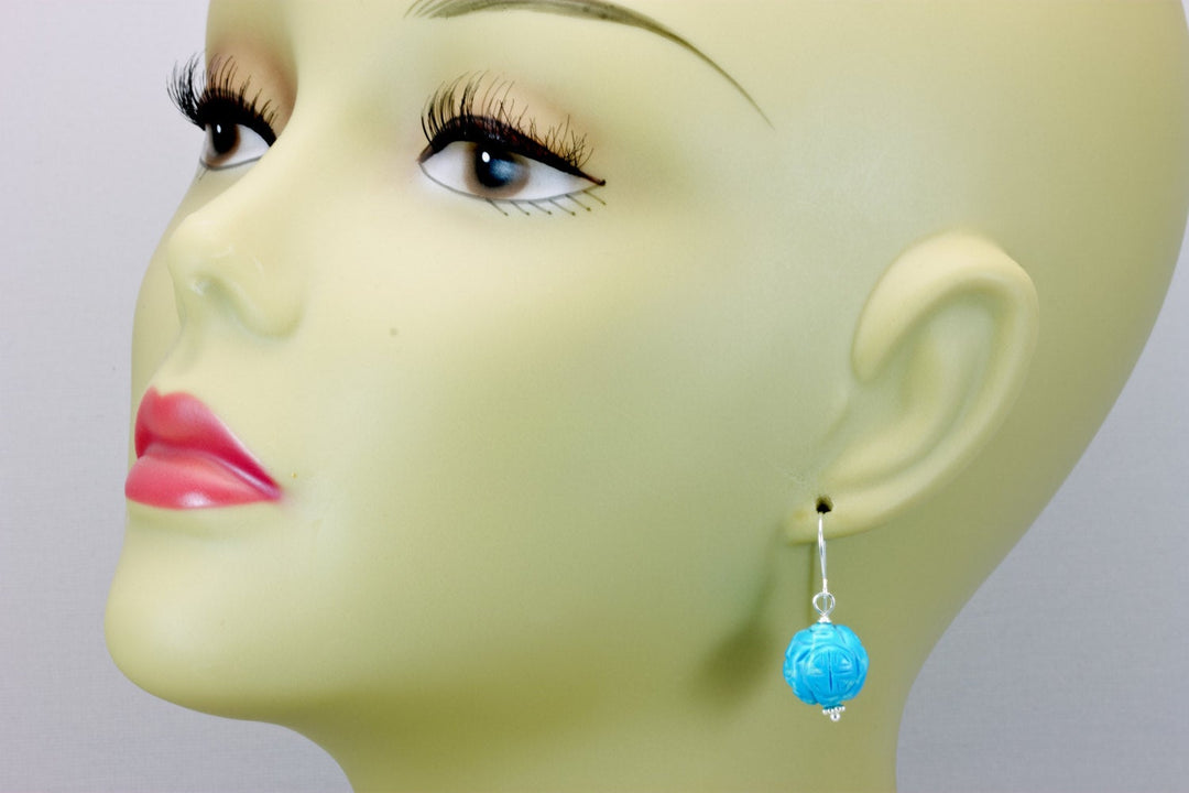 Turquoise Earrings Blue Round Simple Dangle Drops Sterling Silver or 14k Gold Filled Unique carved oriental design Rich Simple