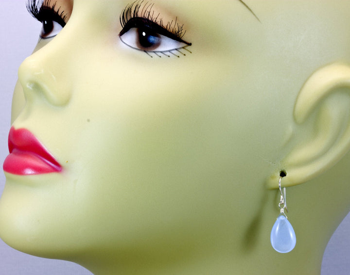 Steel Blue Grey Chalcedony Earrings Smooth Pear Teardrop 14k Solid Gold or Filled or Sterling Silver Soft Pale Gray Blue Natural Dainty Drop