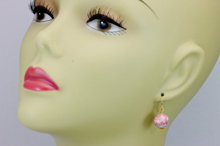 Rhodochrosite Earrings Natural Pink Smooth Round Dangle Drops Sterling Silver or 14k solid Gold or Filled Real Stone Simple Earthy Soft Pink