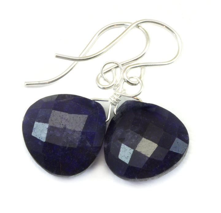 Blue Sapphire Earrings Teardrop Briolettes Sterling Silver or 14k Solid Gold or Filled Dark Blue Heart Shaped Faceted Simple Dainty Drops