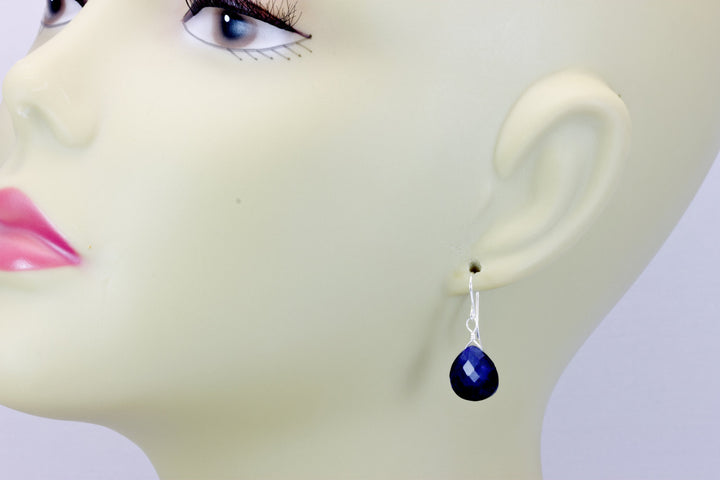 Blue Sapphire Earrings Teardrop Briolettes Sterling Silver or 14k Solid Gold or Filled Dark Blue Heart Shaped Faceted Simple Dainty Drops