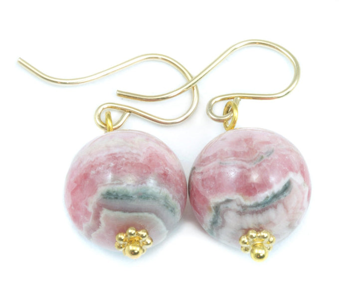 Rhodochrosite Earrings Natural Pink Smooth Round Dangle Drops Sterling Silver or 14k solid Gold or Filled Real Stone Simple Earthy Soft Pink