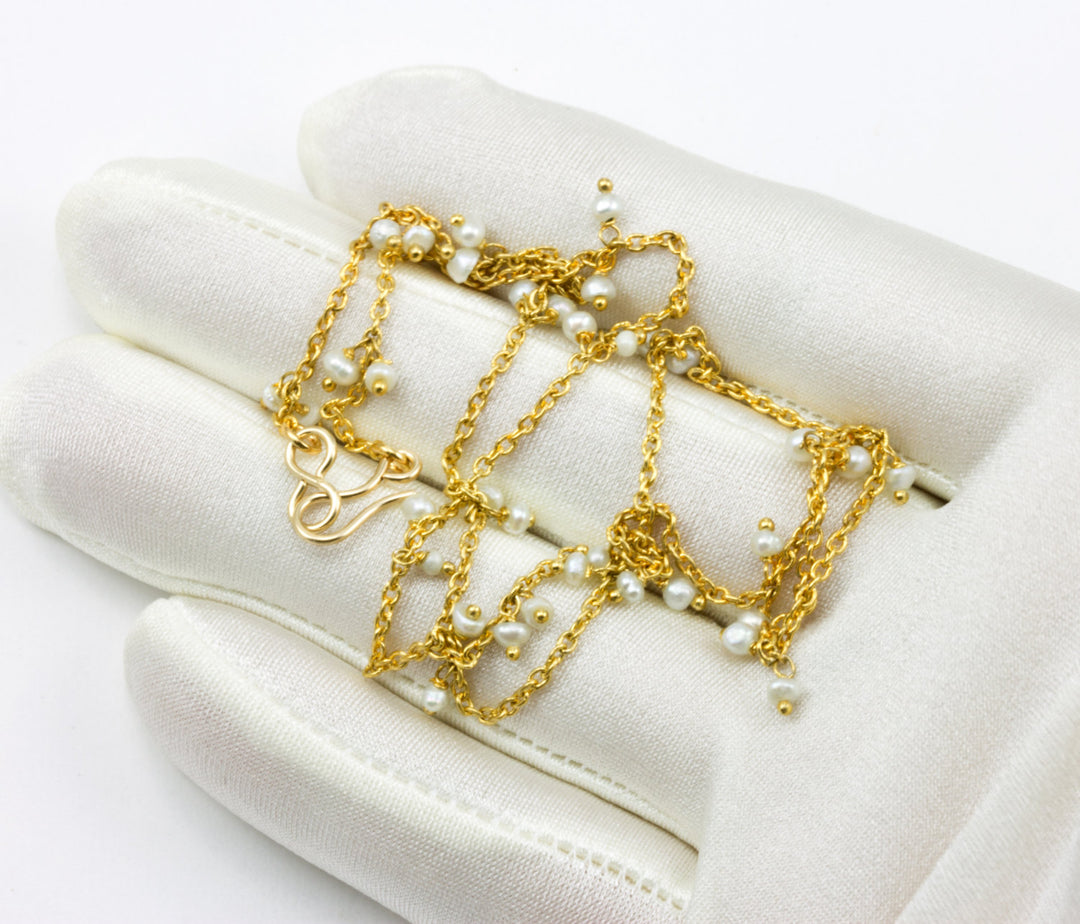 Silvery White Pearl Necklace 14k Gold Filled Spaced Chain Link Freshwater Cultured Pearls 18 19 Inches Dainty Delicate Daily Wear