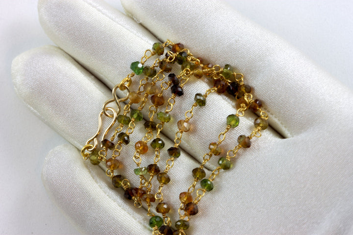 Tourmaline Necklace Natural Amber Colors Spaced Link Beaded Vermeil 14k Gold Necklace 18 19 Inches Earthy Browns Greens Yellows Dainty