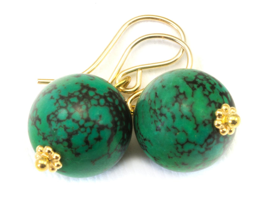 Turquoise Earrings Green Round Dangle Drops Sterling Silver or 14k solid Gold or Filled Natural Veining Large Dark Veining Accents Simple