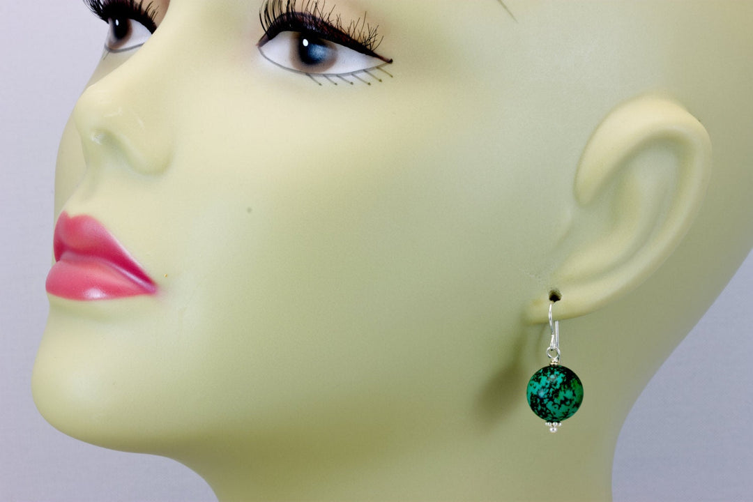 Turquoise Earrings Green Round Dangle Drops Sterling Silver or 14k solid Gold or Filled Natural Veining Large Dark Veining Accents Simple