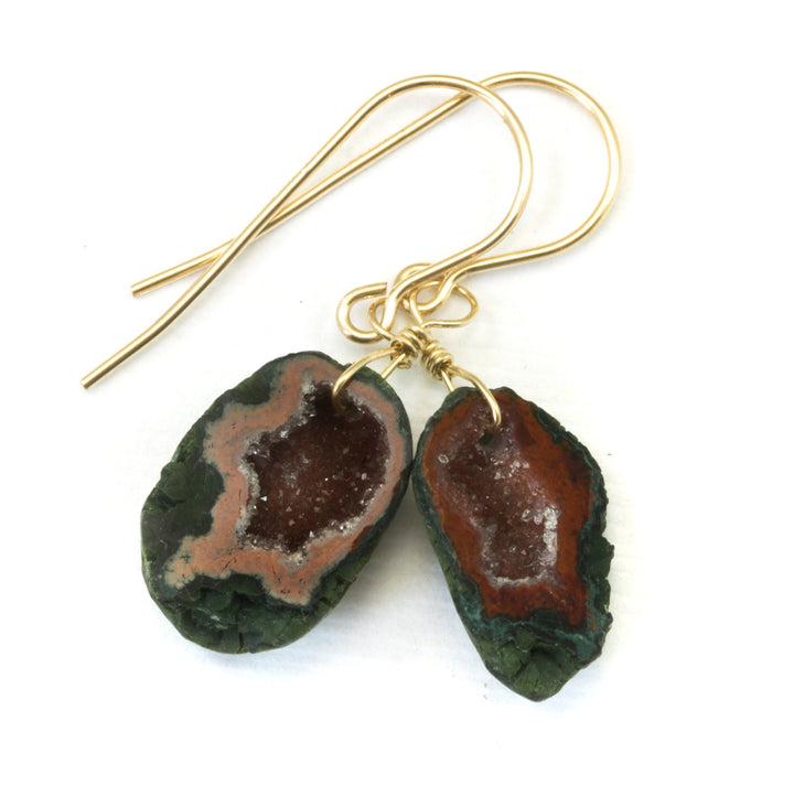 Baby Geode Earrings Tabasco Red Peach Pink Druzy Oval 14k Gold Filled Polished Drusy Paired AAA Natural Fine Small Drusy Geodes Earthy Drops