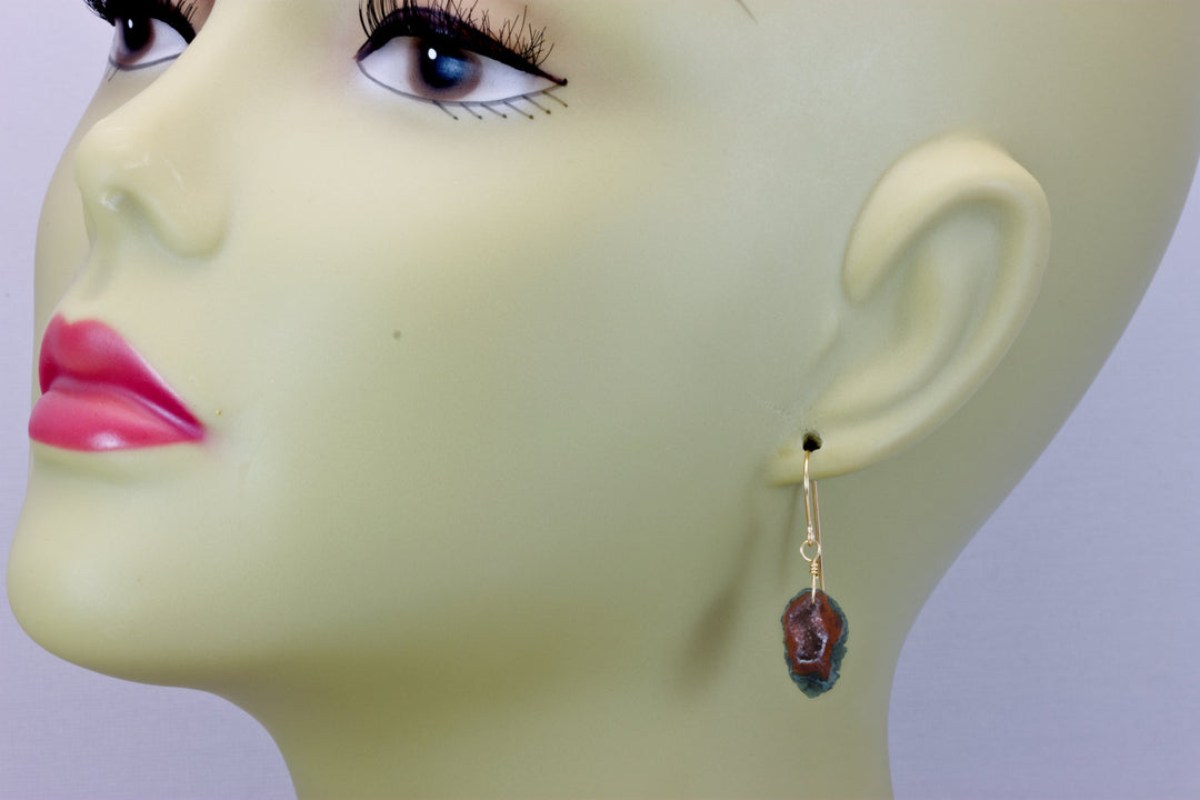 Baby Geode Earrings Tabasco Red Peach Pink Druzy Oval 14k Gold Filled Polished Drusy Paired AAA Natural Fine Small Drusy Geodes Earthy Drops