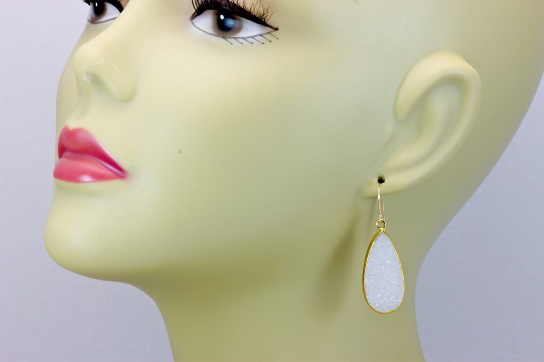 White Drusy Earrings Large Druzy Bezel Set Teardrops Vermeil 14k Gold Filled Long Drops Fine Drusy Classic and Elegant Quality French Wires
