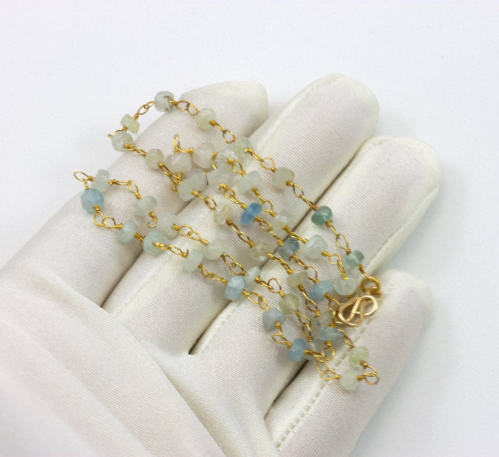 Natural Aquamarine  Necklace Spaced Chain Link Faceted  Beaded 14k Gold Filled 18 19 Inches Natural Aqua Blue Rough Cut Semi-transparent