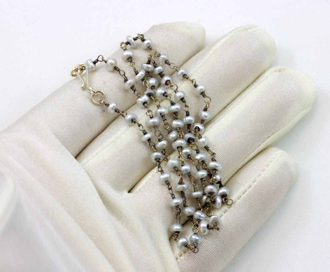 Silver Gray Small Pearl Necklace Oxidized Sterling Silver Beaded Faceted Chain Link 18 19 Inches Freshwater Cultured Pearls Beaded Simple