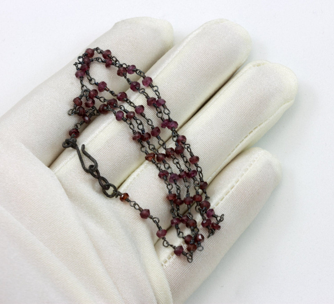 Garnet Necklace Faceted Chain Link  Beaded Black Oxidized Sterling Silver 18 19 Inches Real Natural Red Garnets Simple Dainty Daily Wear