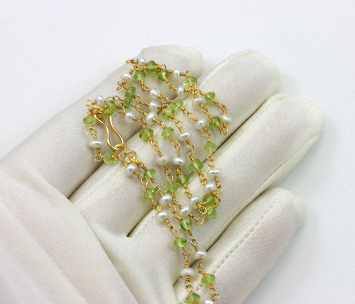 Peridot and Small Pearl  Necklace Sterling Silver or 14k gold filled Freshwater Cultured Pearls Spaced Chain Link Faceted  18 19 Inches