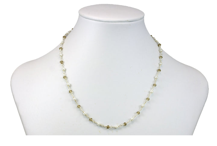 White Seed Pearl Smoky Quartz  Necklace Simulated Beads Smokey Sterling Silver and Plate Chain Link 18 19 Inches Dainty Delicate