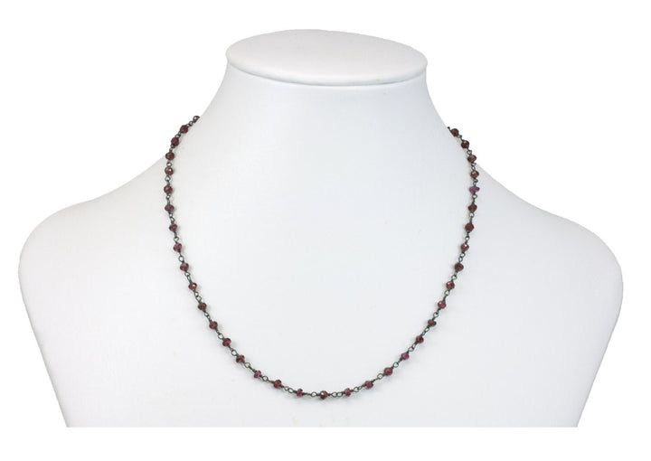 Garnet Necklace Faceted Chain Link  Beaded Black Oxidized Sterling Silver 18 19 Inches Real Natural Red Garnets Simple Dainty Daily Wear