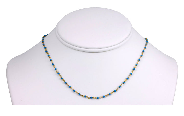 Turquoise Necklace Dark Blue Tiny Beaded Chain Link Smooth 14k Gold Fill  18 19 Inch Round Stones Dainty Delicate Small Design