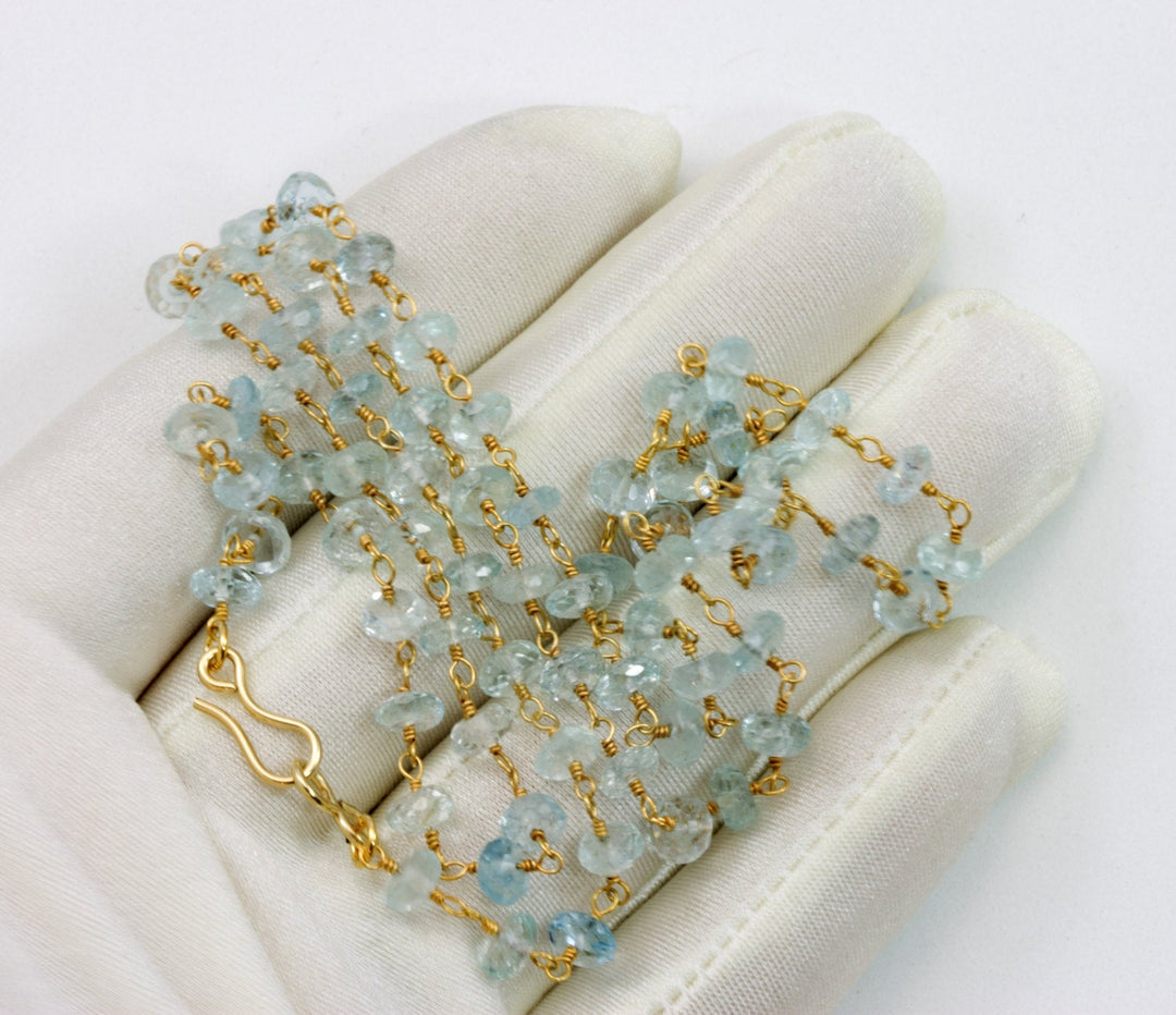 Aquamarine Necklace Faceted 14k Gold Filled Beaded Chain Link  24 Inches AAA Natural Soft Aqua Blue Classic Simple Dainty Feminine