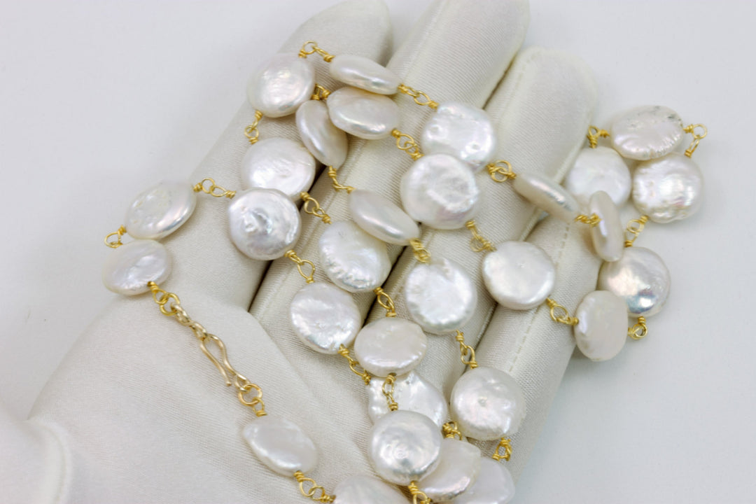 White Button Pearl Necklace Natural Freshwater Large 12mm Freshwater Cultured Pearls Chain Link  24 Inch 14k Gold Filled and 14k Gold Plate