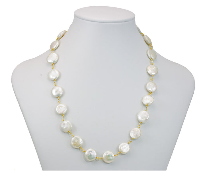 White Button Pearl Necklace Natural Freshwater Large 12mm Freshwater Cultured Pearls Chain Link  24 Inch 14k Gold Filled and 14k Gold Plate