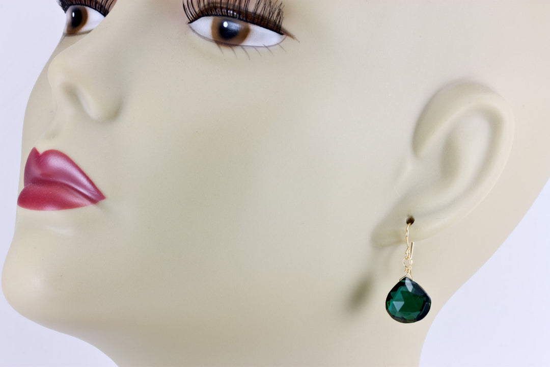 Green Smoky Sim Tourmaline Earrings Heart  Briolette Smokey Dark Green Drops 14k Solid Gold or Filled or Sterling Silver Classic Simple