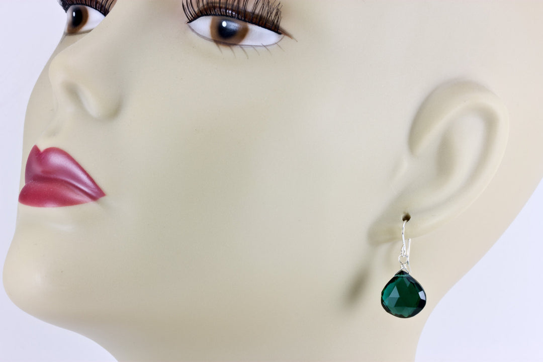 Green Smoky Sim Tourmaline Earrings Heart  Briolette Smokey Dark Green Drops 14k Solid Gold or Filled or Sterling Silver Classic Simple