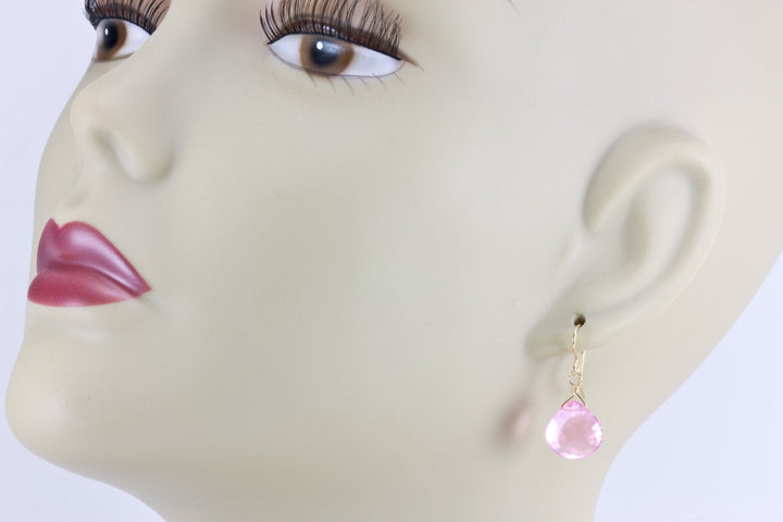 Pink Simulated Sapphire Earrings Faceted Teardrop Bright Pink Pear Sterling Silver or 14k Solid Gold or Filled Micro Faceting Simple Drops