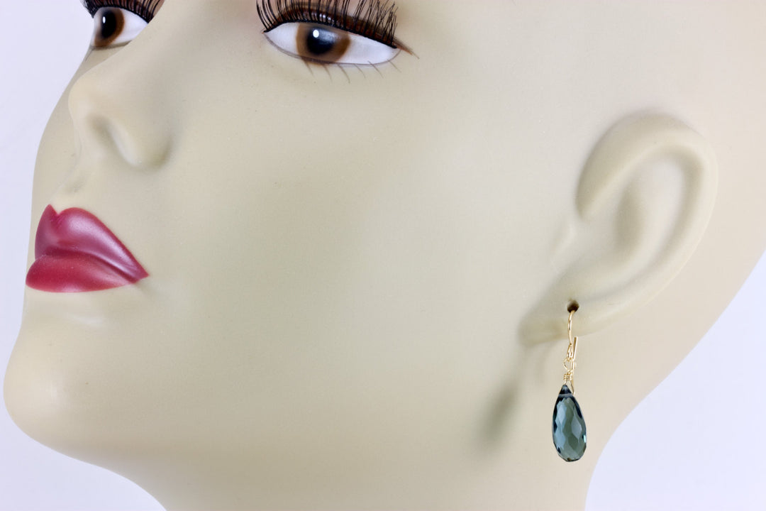 Smokey London Blue Gray Earrings Faceted rounded teardrop rich Sim Topaz Sterling Silver or 14k Solid Gold or Filled Briolette Drops Simple
