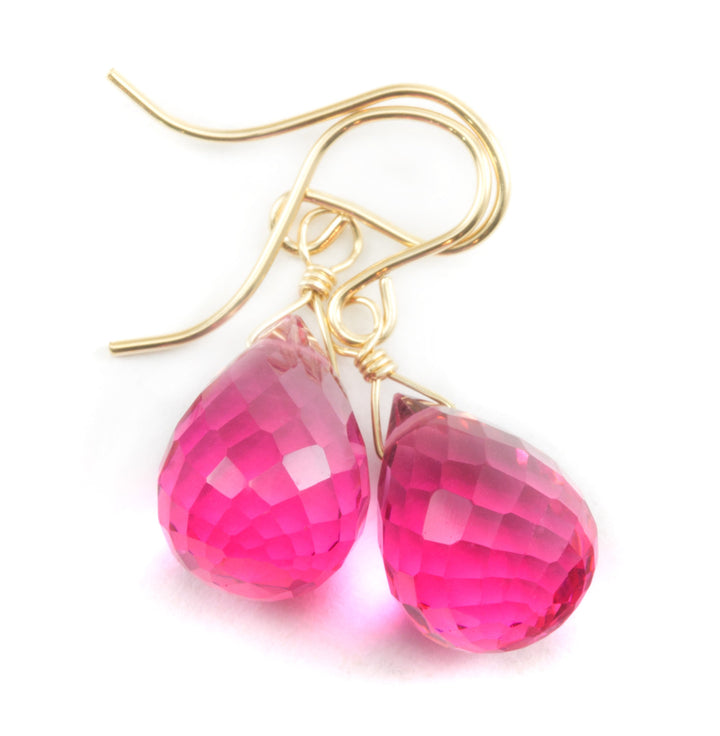 Simulated Pink Watermelon Tourmaline Earrings Faceted Teardrop Bright Hot Pink Fuchsia Magenta Sterling Silver 14k Gold Filled Fat Briolette