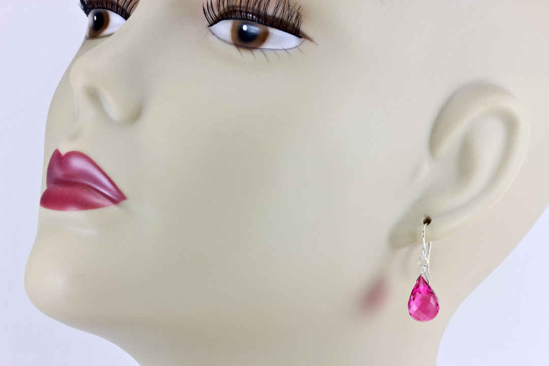 Simulated Pink Watermelon Tourmaline Earrings Faceted Teardrop Bright Hot Pink Fuchsia Magenta Sterling Silver 14k Gold Filled Fat Briolette