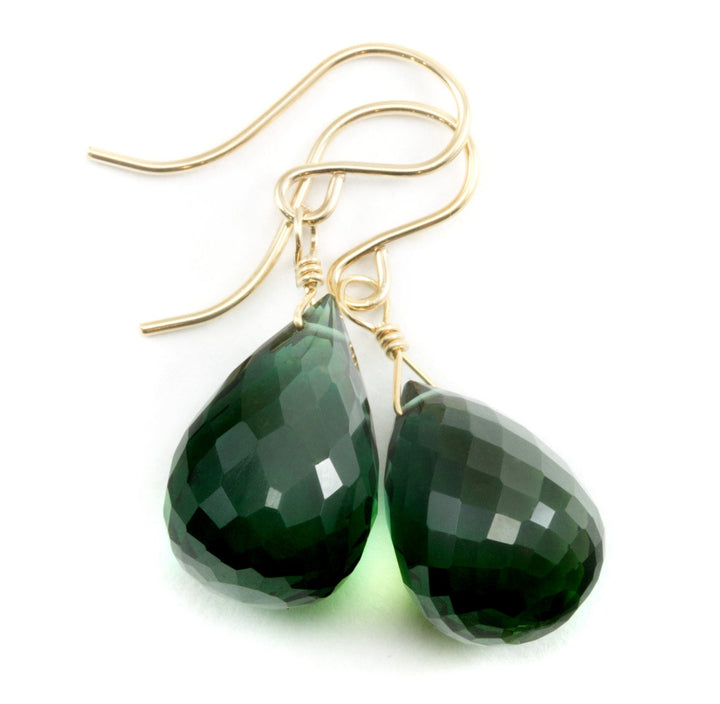 Tourmaline Earrings Faceted drop rich Sim Dark Green Color Sterling Silver or 14k Gold Filled Fat Rounded Briolette Simple Unique Drops