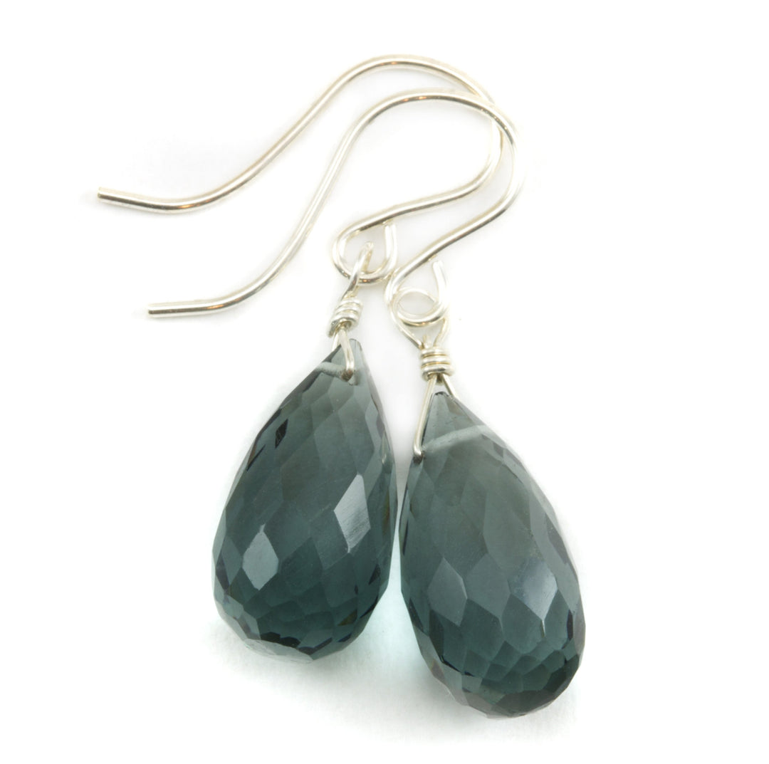 Smokey London Blue Gray Earrings Faceted rounded teardrop rich Sim Topaz Sterling Silver or 14k Solid Gold or Filled Briolette Drops Simple