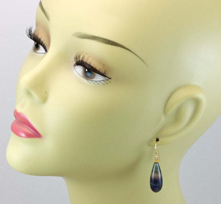 Fluorite Earrings Smooth Teardrop 14k solid gold or filled or sterling silver Natural Flourite Fat Round Drop Striped Teal Purple Beaded