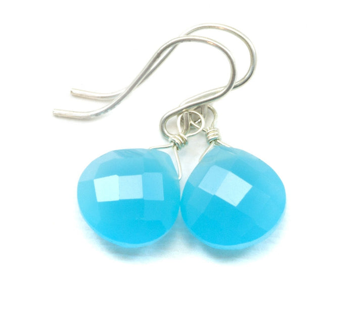 Sky Blue Chalcedony Earrings Teardrop Heart Faceted Sterling Silver or 14k Solid Gold or Filled Bright blue simple drops dainty design