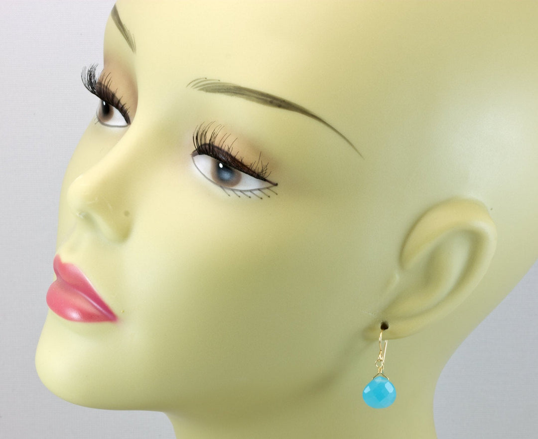 Sky Blue Chalcedony Earrings Teardrop Heart Faceted Sterling Silver or 14k Solid Gold or Filled Bright blue simple drops dainty design