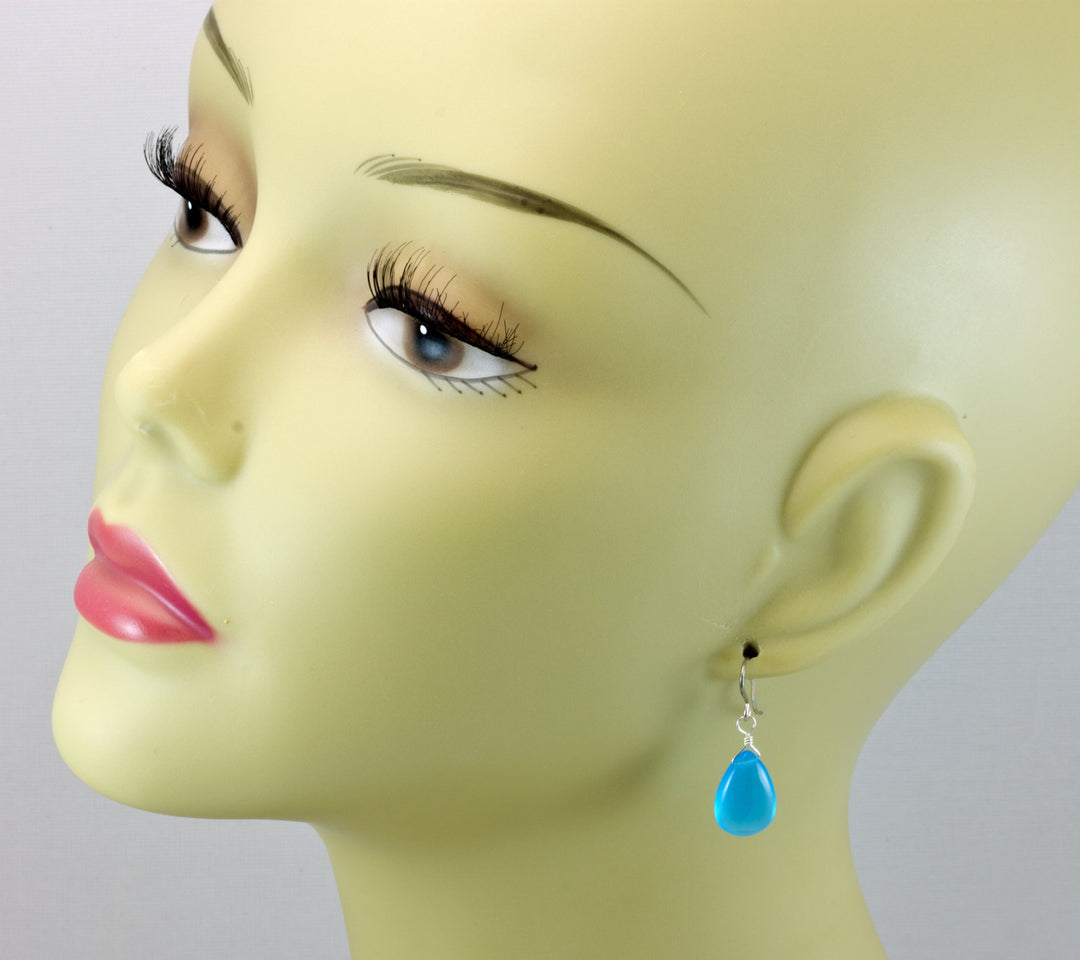 Sky Blue Chalcedony Earrings Teardrop Pear Smooth 14k Solid Gold or Filled or Sterling Silver Blue Simple Drops Unique Spyglass Designs